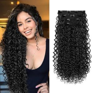 Flufymooz Clip in Hair Extensions, 4PC 100 Pure Protein Silk Hair Extensions Long Soft Natural Hairpiece 20 Inch Curly Hair Extension for Women-Black with Little Silver