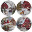 4 Pcs 10-Inch Christmas Melamine Dinner Plates, Round Holiday Set with Winter Farm Watercolor Scenes, Red Barn, Cardinals, Snowmen, Dishwasher-Safe Festive Dinnerware for Table Decor & Parties