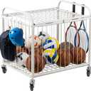 MyGift Large Capacity Metal Rolling Multi Sports Ball Cage Storage Hopper, Gym Equipment Basket Cart with Lockable Latch, Heavy Duty Caster Wheels, and 8 Accessory Hooks, White