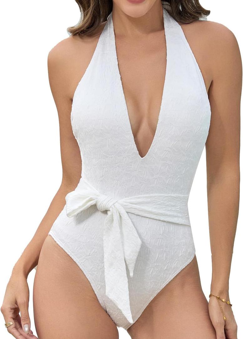 Cromi One Piece Swimsuits for Women Luxury Jacquard Halter Bathing Suit Plunge V Neck Backless Monokini  Large, White
