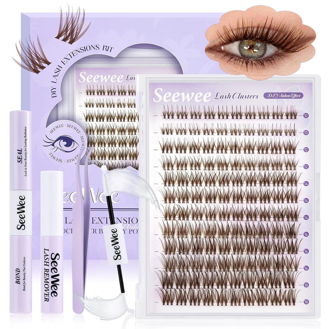 Brown Lash Clusters Kit 10-18mm D Curl Dark Brown Lash Clusters 120pcs DIY Wispy Cluster Eyelash Extensions Individual Natural Lashes False Eyelash Kit with Bond & Seal Remover Tweezers(S3 Lash Kit)