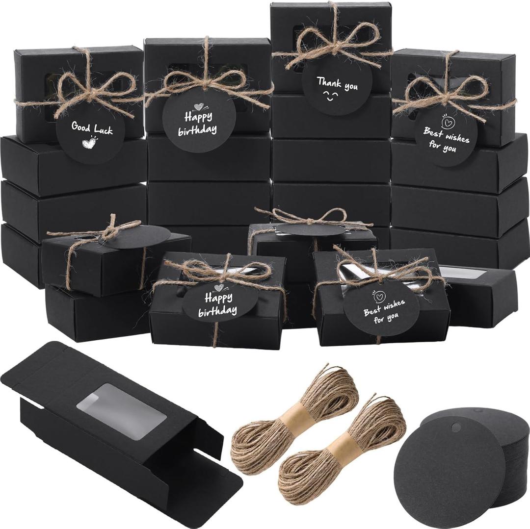Zhanmai 100 Set Black Small Soap Boxes for Homemade Soap, 3.35 x 2.36 x 1.2 Inch Paper Packaging Boxes with Window, with 100 Tag and Twine, Gift Wrapping Supplies for Bakery Candy Cookies Party Favors