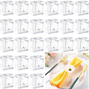 Meanplan 24 Pcs Flower Napkin Rings Clear Acrylic Napkin Holder Rings Bulk Square Flower Bud Vase Combo for Wedding, Birthday Banquet Table Decor, 1.77 x 1.97 Inch