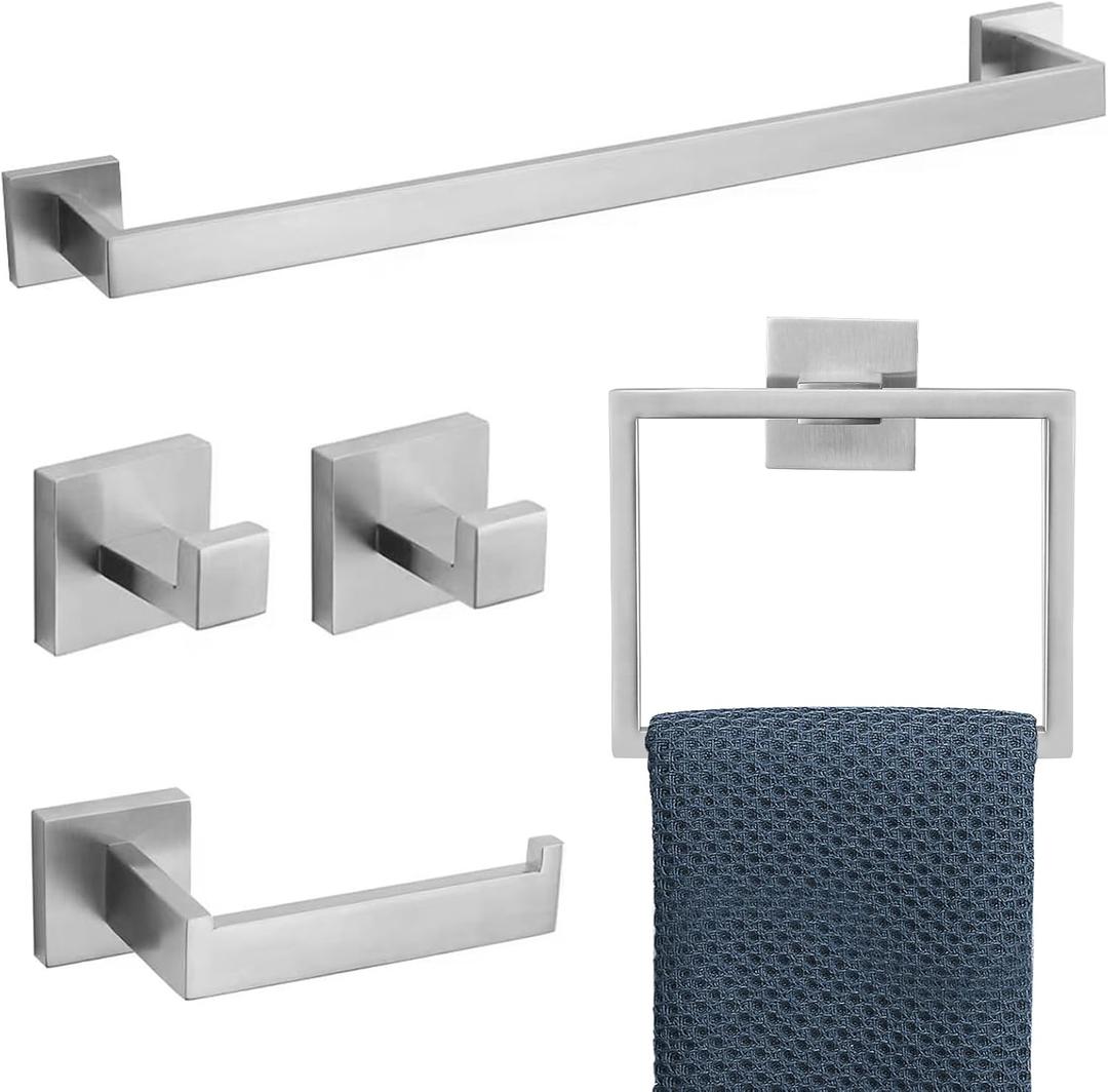 TURS 5-Piece Bathroom Hardware Set Brushed Nickel Towel Bar Set SUS304 Stainless Steel Bathroom Accessories Kit Wall Mounted. (Brushed Steel)