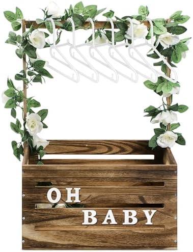 Barydat Wooden Baby Crate Closet, Baby Basket with Handle and Garland Storage Hamper Shower Wooden Gift Crate Letters Self Adhesive for Pregnancy New Parent(Dark Walnut)