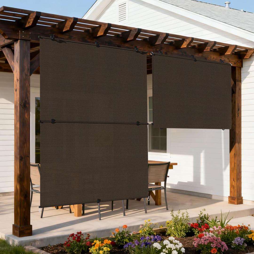 Outdoor Roller Shade 6'W x 6'H Cordless Shades Roll Up, Folding Exterior Patio Blinds, Blackout Sunshades Curtains for Outside Porch Screens, Apartment Balcony, Pergola (Brown)
