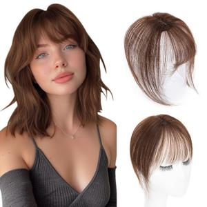 Clip in Bang Human Hair Topper with Wispy Air Bangs Hair Clip for Women,Hair Toppers Hair Pieces with Bangs for Daily Wear 360 Cover(Dark Brown)