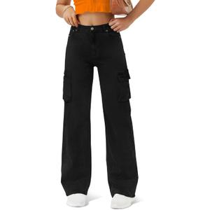 Women High Waisted Cargo Jean for Women with 6 Pockets Straight Wide Leg Jean Casual Baggy Pants (Large, Black)