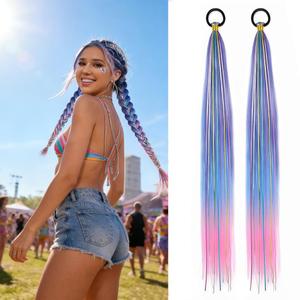 2 PCS 26 Inch Hair Tinsel Ponytail, Blue Pink Gradient Braided Ponytail Hair Extension with Elastic Tie, Straight Sleek Wrap Around Hair Extensions, Glitter Tinsel Synthetic Ponytail Piece