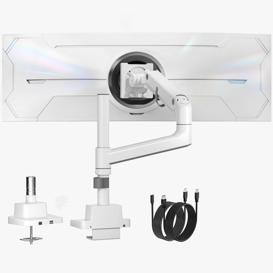 monTEK Heavy-Duty Single Monitor Arm for 17-57 inch, up to 59.4lbs Ultrawide Screens,Gas Spring Dual Curved Adjustable Monitor Stand for Desk,75/100mm VESA Mount with USBWhite