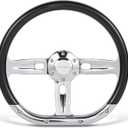 14 inch D-shaped steering wheel, Classic black Grain grip 3 Spokes 6 Bolt | Chrome-Plated aluminum 50mm Deep Dish with horn Fit for Cars, for Vintage Car/Racing/Rally steering wheel
