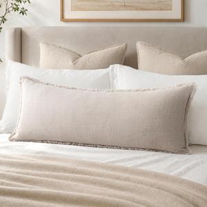 MIULEE 14x36 Long Linen Fringe Lumbar Pillow Covers Set of 1 Natural Beige