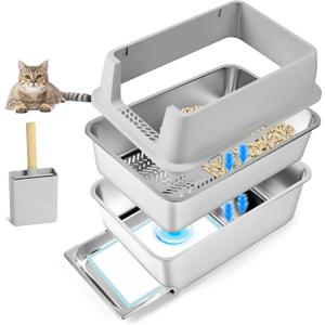 Stainless Steel Litter Box, 23.6" L x 15.7" W Drawer Type Semi-Enclosed Cat Litter Box with Sifting Pan, Scoop for Big Cat Easy Cleaning