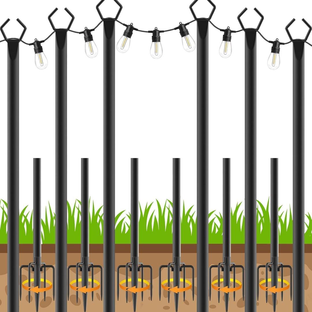 AHRLHR 6 Pack String Light Poles, Outdoor String Light Pole 10 ft Forked Metal Light Pole with Adjustable Outdoor Light Stand, Deck, Backyard, Garden, Wedding, Rustproof and Sturdy with Hooks.