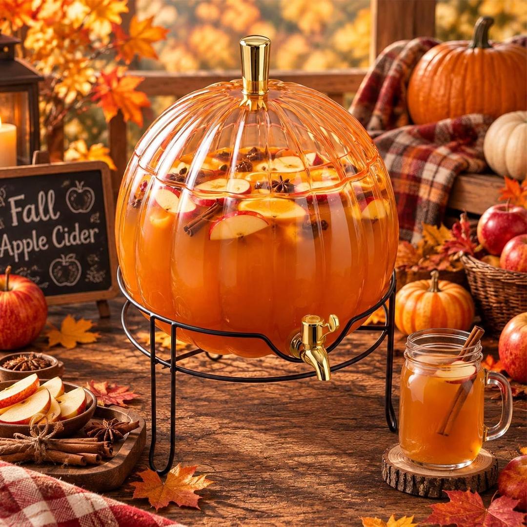 1.3 Gallon Fall Pumpkin Plastic Drink Dispenser with Metal Stand