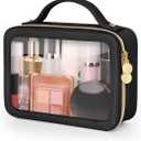 Soimeat Clear Makeup Bag, Portable Travel Cosmetic Bags, Multipurpose Leather Toiletry Bag with Zipper, Waterproof Transparent Cosmetic Organizer for Women, Medium, Black