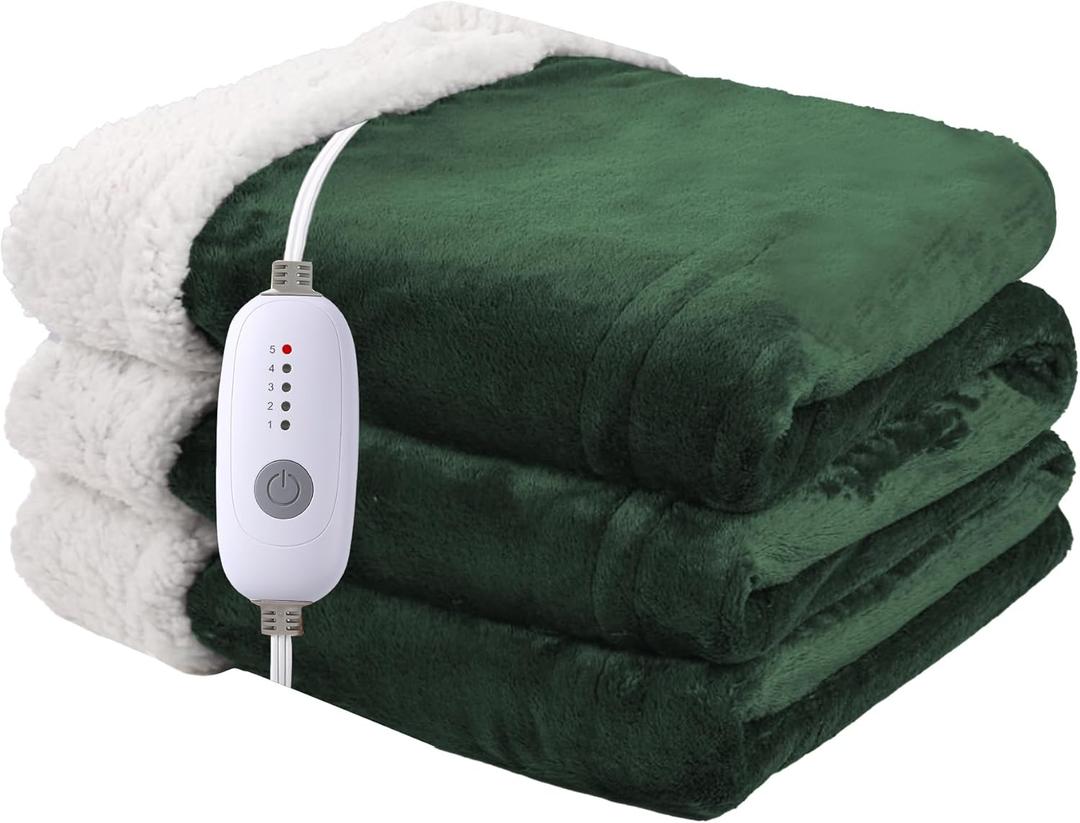 Heated Blanket Electric Blanket Full Size 72''x84'' with 5 Heating Levels, 10 Hour Auto Shut Off, Machine Washable, Flannel & Sherpa Soft Warming Blanket for Couch, Bed, Office - Grass Green