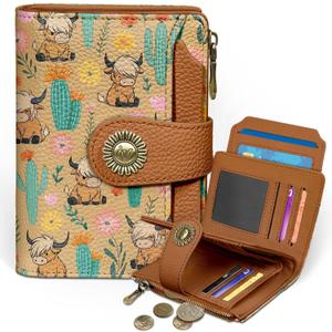Icycay Highland Cow Small Wallet Women RFID Blocking Bifold, Cute Credit Card Holder, Zipper Coin Pocket, PU Leather, Compact, Travel, 4 ID Window, 14 Card Slots, Cash Purse, Ladies Woman