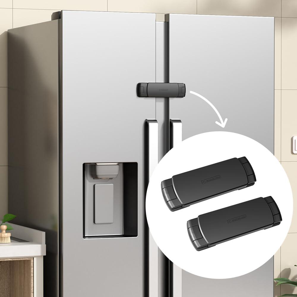 EUDEMON 2 Pack Latest French Fridge Lock French Door Refrigerator/Freezer Lock Apply to Max 3.54"(90mm) Two Door Gap Distance for Kids & Babies,Easy to Install no Tools Need or Drill (Black)