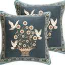 Green Throw Pillow Covers Set of 2,French Farmhouse with White Birds and Flowers Pattern Linen Pillowcases,Decorative Square Pillows Cushion Covers for Couch Sofa Bed Chair,18x18 Inches