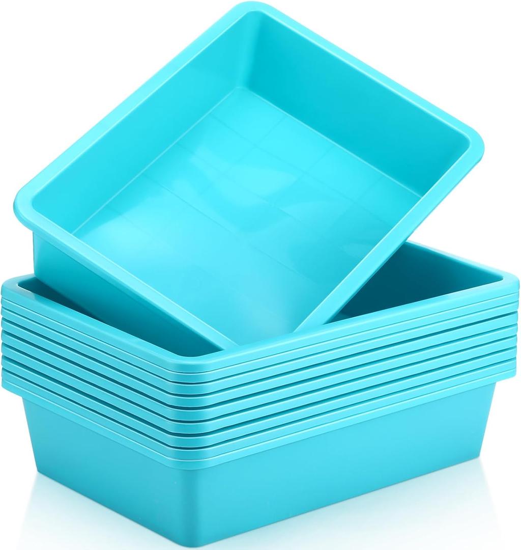 Hoteam 10 Pcs Flat Storage Organizer Tray Bin Letter Size Paper Tray for Classroom Plastic Stackable File Organizer for School Office Teacher Book Organization Teal, 13.78 x 9.84 x 3.15 Inch