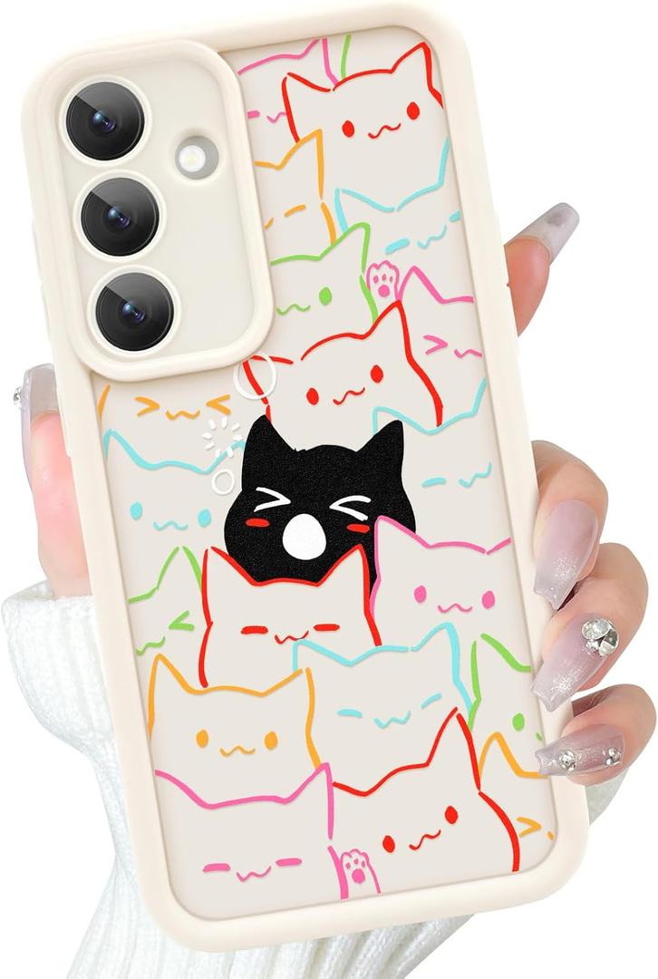 Cute Case for Samsung Galaxy S24 Case with Coloful and Black Cats Cat Pattern Design for Women Girls Boys, Kawaii Animal Soft Bumper Shockproof Drop Protection Protective Phone Cover, White