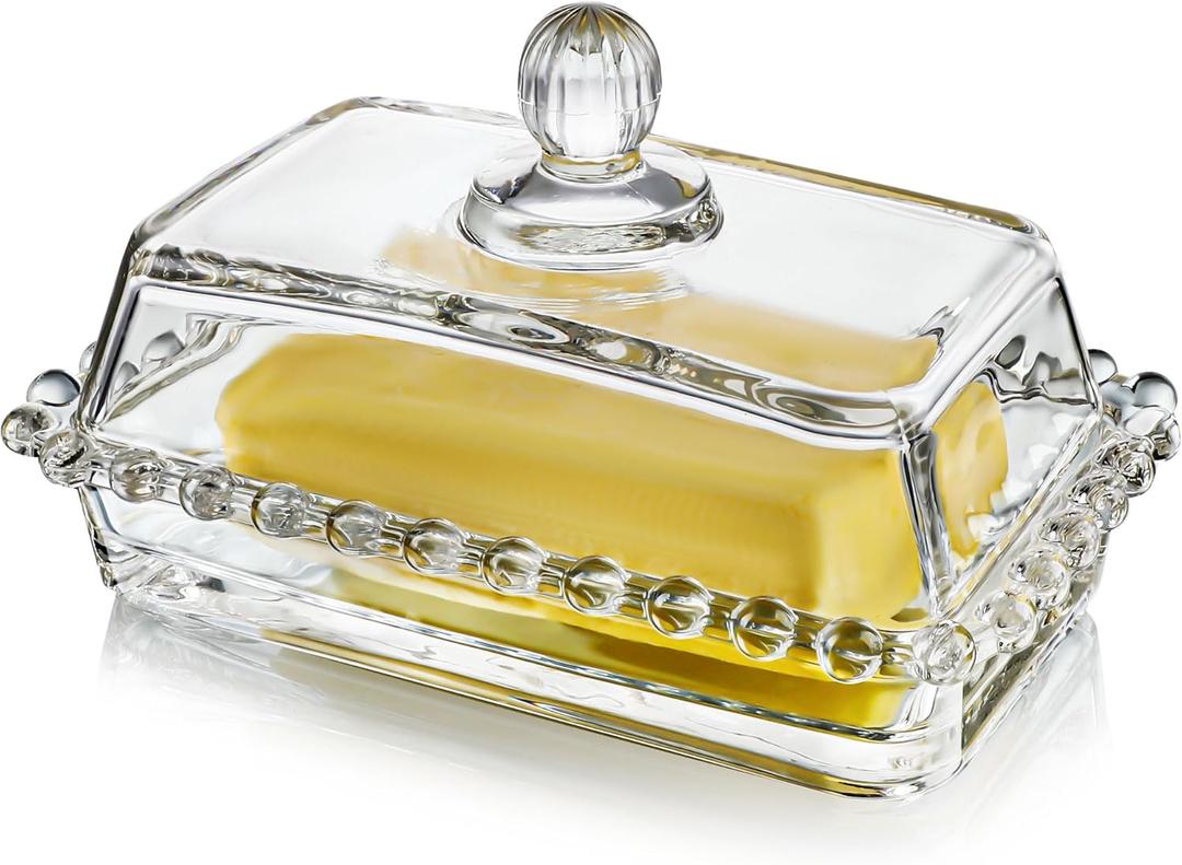 6.5'' Clear Glass Butter Dish with Handled Lid,Classic 2-Piece Design Butter Keeper For Countertop,Dishwasher Safe