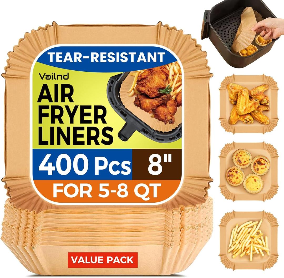 400 Pcs Air Fryer Paper Liners, 8" Square Air Fryer Liners Disposable, Heavy-Duty Parchment Paper for 5-8 qt Airfryer Basket, Non-Stick & Grease-Proof Baking Liner for Oven Pan