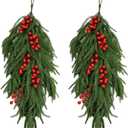2 Pcs Christmas Teardrop Swag - Christmas Door Swags Faux Pine Cedar Teardrop Wreath with Red Berry for Window Wall Home Indoor Outdoor Xmas Decor