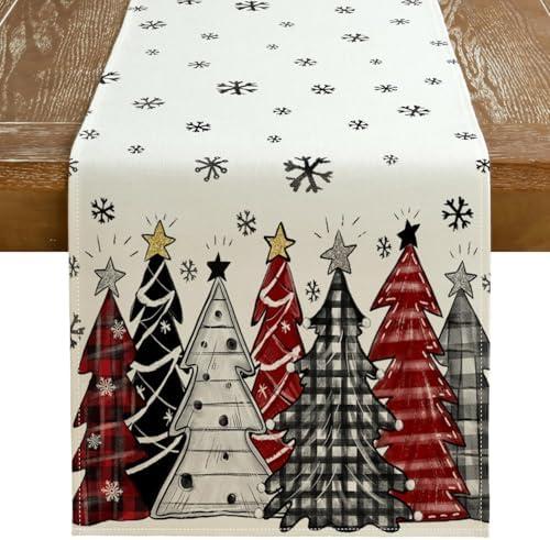GEEORY Christmas Table Runner 13x72 Inch, Xmas Tees Snowflakes Holiday Decorative Farmhouse Table Decoration for Kitchen Dinning, Indoor Outdoor Dinner Party Decor (Red & Black) GT165-72