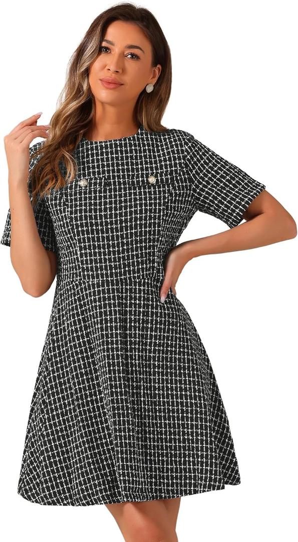 Allegra K Women's Elegant Short Sleeve A-line Dresses Plaid Tweed Dress, S