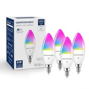 Lightinginside E12 Smart Light Bulbs 60W Equiv., Work with Alexa/Google Home/SmartLife, 500LM 6W RGBCW Candle Candelabra LED Light Bulbs, No Hub Required, 2.4G WiFi Bluetooth Bulb, ETL Listed, 4PCS