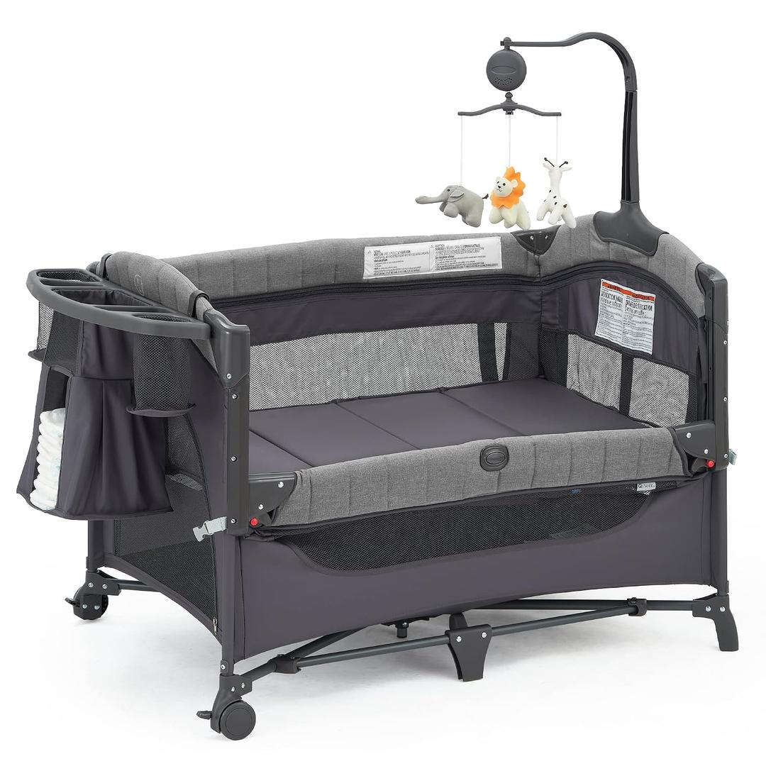 QUTANIX Baby Bedside Bassinet Sleeper,5-in-1 Pack and Play with Full-Size Bassinet,Baby Playard with Changing Table,Storage Shelf,Music Mobile with Soft Toys for Newborn to Toddlers (Grey)