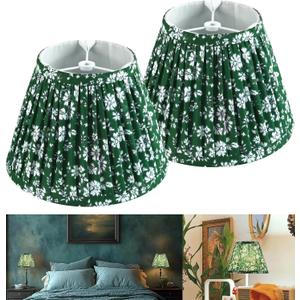 GO&SO 9 Inch Farmhouse Pleated Lamp Shades Set of 2 Small Floral- Soft Green Textured Fabric Crinkle Lamp Shade Replacement,5"9"6.4"(Spider) Bell Printed Lampshade for Table/Wall Lamp Cafe Decor