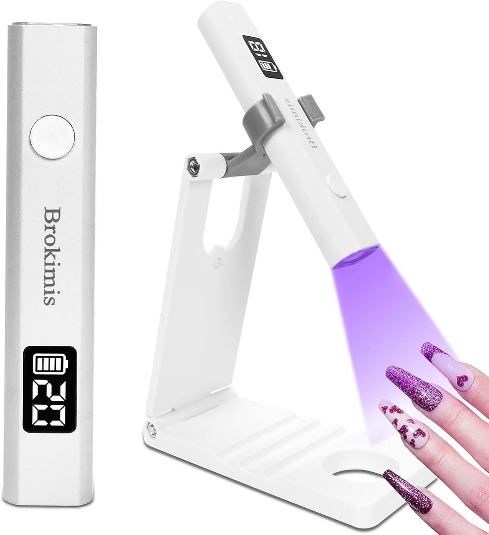 Brokimis Handheld UV Light for Gel Nails with Stand, Mini Nail Lamp with LCD Display 3-Timer Modes Portable Cordless Rechargeable USB Small Nail Dryer for Fast Curing Home DIY Manicure Nail Art
