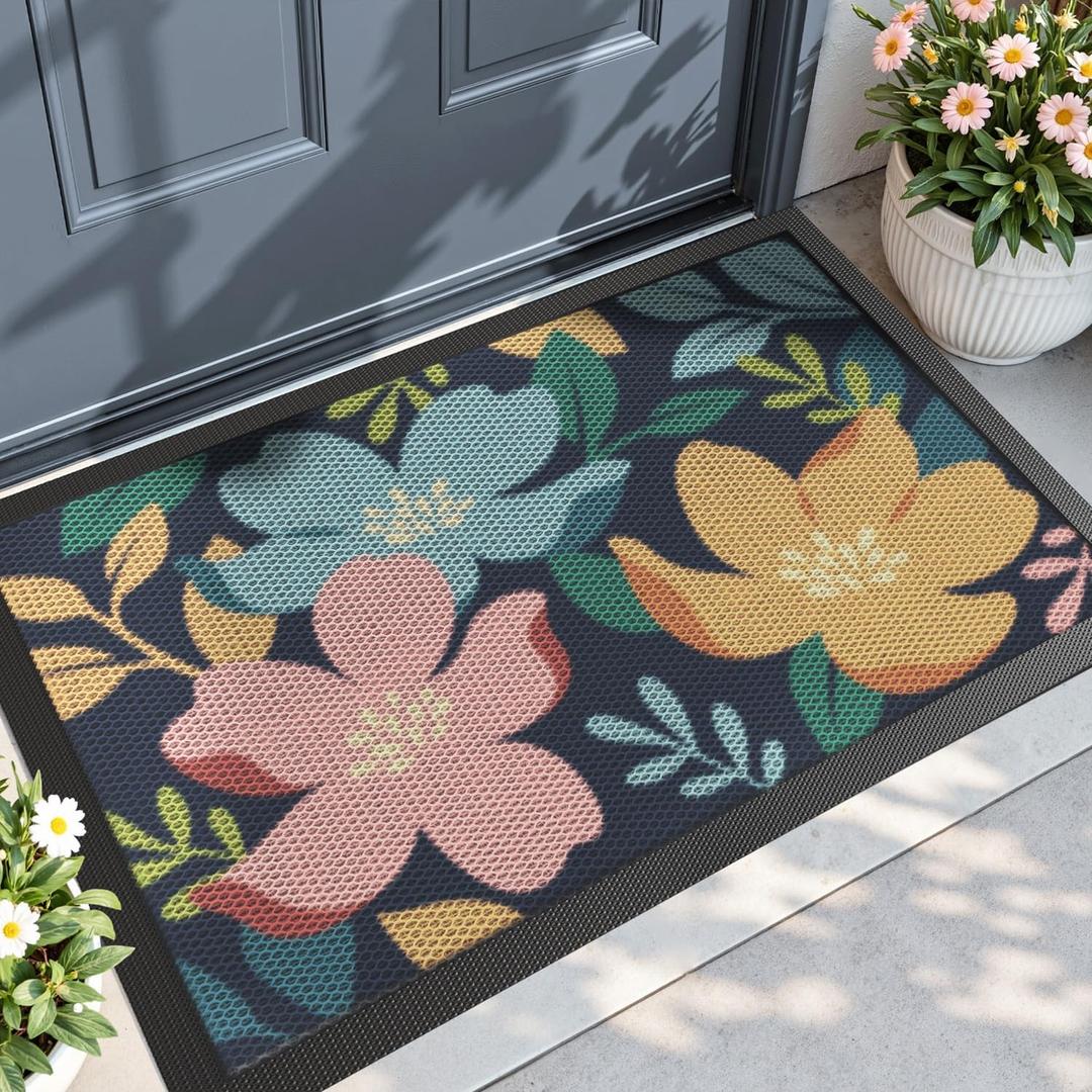 DEXI Front Door Mat Outside Entrance, Spring Welcome Entryway Doormat Dirt Trapper, Heavy Duty Non Slip Entry Mats for Patio Garage Porch Home Decorative, 17x30 Colorful Floral (1'5" x 2'6" (Rectangular))