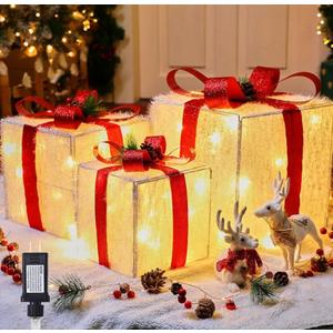 Christmas Decorations Lighted Gift Boxes Set of 3, Foldable 12" 10" 8" Xmas Gift Boxes with LED Lights, Bows, Berries and Pinecones for Indoor Outdoor Christmas Tree, Yard, Party Decorations