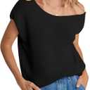 Balimtoy Women Off One Shoulder Crochet Sweater Top Asymmetrical Short Sleeve Loose Going Out Tops Casual Knit Tshirt (Large, Black)