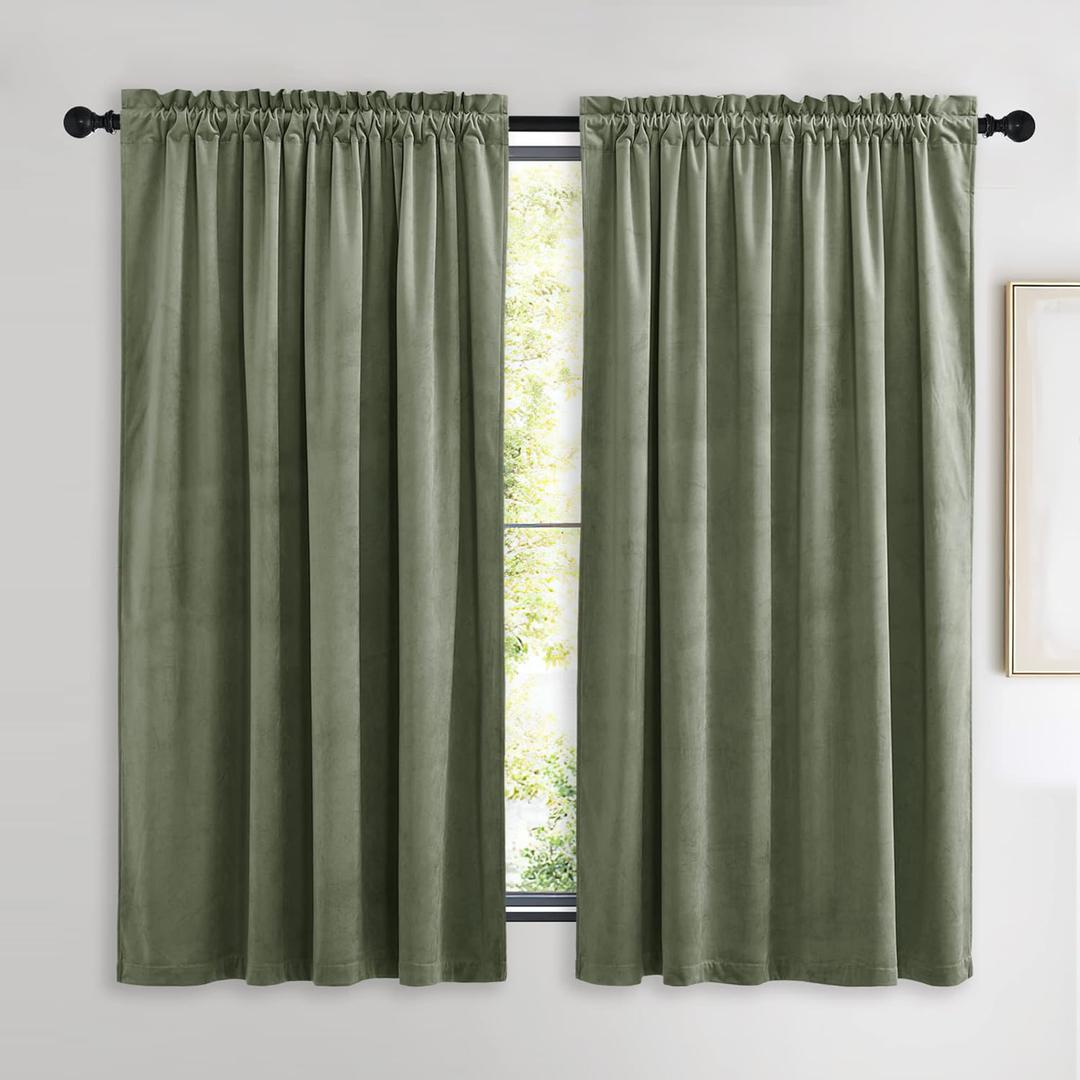 NICETOWN Super Soft Velvet Curtains 63 inches, Sound Reducing Cold Heat Insulated Heavy Matt Room Darkening Drape Panels for Living Room (Sage Green, 2 Panels)