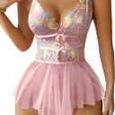 Lilosy Sexy Bows Floral Lace Mesh Babydoll Lingerie Romper (Pink, S)