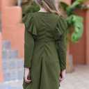 GORLYA Girl's Flutter Sleeve Stretchy A-Line Swing Flared Skater Party Dress with Pockets for 4-12 Years Kids (Olive-long Sleeve)