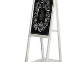 MyGift 45 Inch Tall Vintage White Weathered Paulownia Wood Sidewalk Chalkboard Sign with Plant Shelf Stand, Freestanding A-Frame Easel Erasable Message Board