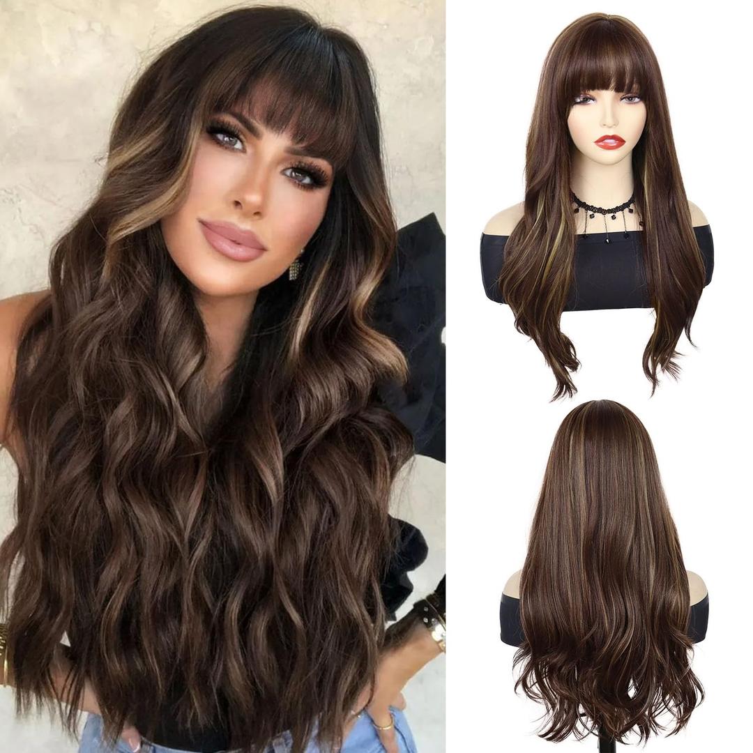 GNIMEGIL 24 inch Brown Wig with Bangs for Women Long Wavy Hair Wigs Brown Highlight Wig Curly Wavy Premium Synthetic Wigs for Girls Daily Party Use (Brown Mixed Blonde)