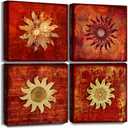 Vintage Flowers Pattern Canvas Prints Wall Art for Bathroom 4 Piece Framed Artwork Abstract Red Sunflower Picture Ready to Hang for Home Decoration 12x12