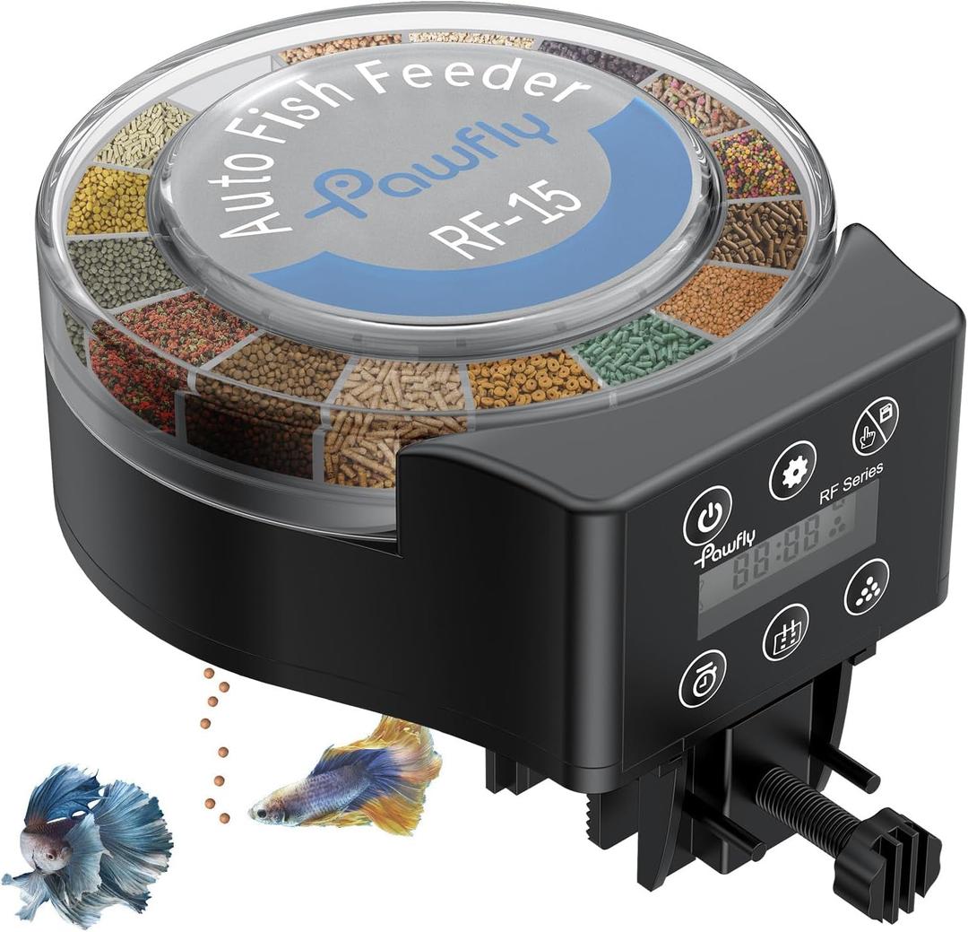 Pawfly Aquarium Automatic Fish Feeder, 108 mL Food Dispenser for Pellets Powder and Granules, Adjustable Timer Feeder for Fish Tank, Battery Powered (Batteries Not Included)