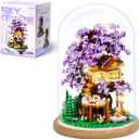 DIY Flower Building Toy Sets Miniature Cherry Blossom Tree House Building Kit, Purple & Yellow Sakura Flowers, Building Blocks Set for Adults & Girls - Bonsai Tree Model with Dust Cover