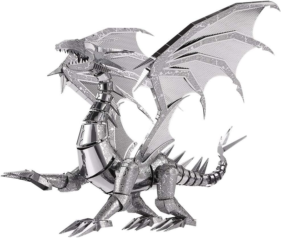 Piececool 3D Metal Puzzle Model Kits- Dragon Flame Metal Building Kit for Adults, Brain Teaser DIY 3D Dragon Puzzles Model Kits for Men, 115 Pcs (Silver)