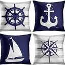 Emvency Set of 4 Throw Pillow Covers Summer Nautical Costal Navy Blue White and Gray Stripe Helm Anchor Boat Star Decorative Pillow Cases Home Decor Standard Square 16x16 Inches Pillowcases