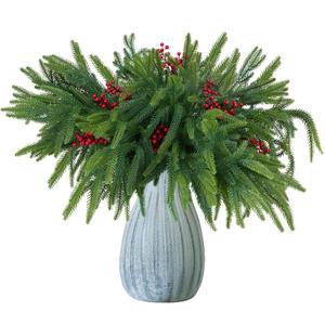 18Inches 16pcs Christmas Norfolk Pine Stems with Berry Set,Artificial Norfolk Branch 8pack, Faux Berry Stem 8pack,Fake stem Greenery Pine Picks for Indoor Home Vase DIY Outdoor Wreath Decoration