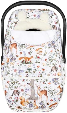 CARUILI Winter Car Seat Cover Baby Girl Boy, Warm & Windproof Infant Carseat Cover Canopy Protect Baby from Cold Weather, Plush Fleece, Woodland Animals